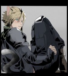 1boy animal_ears armor black_border blonde_hair blue_eyes blue_jacket blue_pants boots border cat_ears cat_tail cloud_strife commentary crisis_core_final_fantasy_vii final_fantasy final_fantasy_vii fingerless_gloves gloves green_scarf hair_between_eyes highres jacket knee_pads knees_up long_sleeves male_focus pants parted_lips rekooo scarf shinra_infantry shinra_infantry_uniform short_hair shoulder_armor sitting solo spiked_hair symbol-only_commentary tail