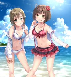 Rule 34 | 10s, 2girls, :d, animal ears, asterisk (idolmaster), bare shoulders, bikini, bikini skirt, bird, blue bikini, blush, breasts, brown hair, cat ears, cleavage, closed mouth, collarbone, day, eyebrows, fake animal ears, fang, flower, frilled bikini, frills, front-tie top, fukahire (ruinon), green eyes, hair between eyes, hair flower, hair ornament, hairpin, halterneck, head tilt, idolmaster, idolmaster cinderella girls, jacket, jewelry, leaning forward, long sleeves, looking at viewer, maekawa miku, medium breasts, multiple girls, navel, necklace, off shoulder, open clothes, open jacket, open mouth, outdoors, palm tree, paw pose, plaid, plaid bikini, red bikini, shiny skin, short hair, simple background, sleeves past wrists, smile, sparkle, standing, swimsuit, tada riina, tareme, tree, upper body, water, white background, white bikini, white jacket