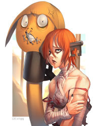 Rule 34 | 1girl, a.b.a, bandages, blood, blood on clothes, blue eyes, guilty gear, guilty gear xx, key, key in head, looking at viewer, object through head, orange hair, paracelsus (guilty gear), red hair, short hair, stitched mouth, stitches