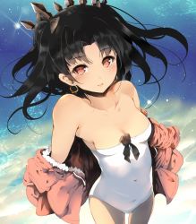 Rule 34 | 1girl, bare shoulders, black bow, black hair, bow, breasts, cameltoe, cleavage, collarbone, commentary request, covered navel, cowboy shot, day, diffraction spikes, earrings, fate/grand order, fate (series), fur-trimmed jacket, fur trim, hair bow, highres, hoop earrings, ishtar (fate), jacket, jewelry, kyuu (plastic night q), long sleeves, looking at viewer, medium breasts, off shoulder, one-piece swimsuit, outdoors, parted bangs, parted lips, pink jacket, red eyes, smile, solo, standing, strapless, strapless one-piece swimsuit, swimsuit, tiara, two side up, underwater, water, white one-piece swimsuit