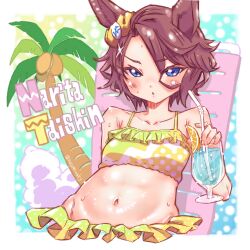 Rule 34 | 1girl, animal ears, bikini, blue eyes, brown hair, character name, commentary request, cropped torso, cup, drinking straw, ear ornament, food, frilled bikini, frills, fruit, groin, hair between eyes, hair ornament, highres, holding, holding cup, horse ears, horse girl, light frown, looking at viewer, narita taishin (umamusume), navel, orange (fruit), orange slice, palm tree, parted lips, partial commentary, pomita, short hair, solo, sweat, swimsuit, tree, twitter username, umamusume, x hair ornament, yellow bikini