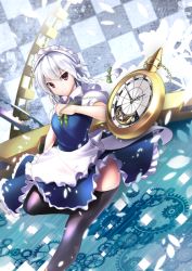 Rule 34 | &gt;:), 1girl, apron, black thighhighs, blue dress, bow, braid, closed mouth, dress, from side, green bow, hair bow, izayoi sakuya, looking at viewer, looking to the side, maid, maid headdress, pocket watch, puffy short sleeves, puffy sleeves, red eyes, short sleeves, silver hair, solo, supuraito, thighhighs, touhou, twin braids, v-shaped eyebrows, waist apron, watch