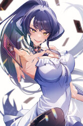 1girl armpits au_ra black_hair black_thighhighs breasts card cleavage commission dragon_horns dress eyebrows_hidden_by_hair final_fantasy final_fantasy_xiv glowing highres holding holding_card horns jumping large_breasts long_hair looking_at_viewer nail_polish open_mouth outstretched_arm playing_card ponytail sapphira_nyx scales second-party_source simple_background smile solo teeth thighhighs upper_teeth_only very_long_hair warrior_of_light_(ff14) white_background white_dress yellow_eyes yoshio_296 yu-gi-oh!