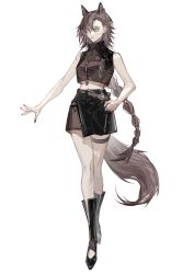 Rule 34 | 1girl, absurdres, animal ear fluff, animal ears, arknights, asymmetrical bangs, bare arms, bare shoulders, black footwear, black nails, black shirt, black skirt, boots, braid, breasts, brown eyes, brown hair, commentary request, crop top, hair between eyes, hand on own hip, highres, knee boots, long hair, midriff, mole above eye, nail polish, navel, penance (arknights), shinsawalk, shirt, simple background, single braid, skirt, sleeveless, sleeveless shirt, small breasts, solo, tail, very long hair, white background