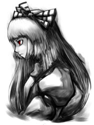 Rule 34 | 1girl, expressionless, female focus, from side, fujiwara no mokou, greyscale, laboto, long hair, monochrome, profile, shaded face, simple background, solo, touhou, upper body, very long hair, white background