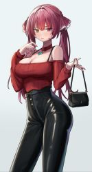 Rule 34 | 1girl, absurdres, bag, black pants, choker, hair ribbon, handbag, heterochromia, high-waist pants, highres, holding, holding bag, hololive, houshou marine, long hair, long sleeves, nail polish, off shoulder, pants, red choker, red eyes, red hair, red nails, red ribbon, red sweater, ribbon, simple background, solo, standing, sweater, twintails, up (osk50217), virtual youtuber, yellow eyes