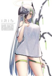 Rule 34 | 1girl, absurdres, character name, closed mouth, commentary request, dress, green eyes, green hair, halo, highres, inre kemomimi, bridal garter, long hair, looking at viewer, multicolored hair, off-shoulder dress, off shoulder, original, smile, solo, standing, thighs, two-tone hair, very long hair, white dress, white hair