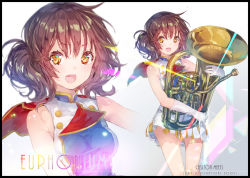 Rule 34 | 10s, 1girl, band uniform, brown eyes, brown hair, euphonium, gloves, hibike! euphonium, instrument, looking at viewer, multiple views, open mouth, oumae kumiko, pleated skirt, projected inset, short hair, skirt, white gloves, white skirt, yuugen, zoom layer