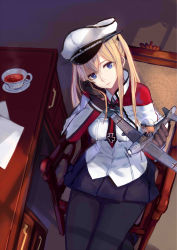 Rule 34 | 10s, 1girl, absurdres, aircraft, airplane, bad id, bad pixiv id, blonde hair, blue eyes, capelet, cup, fairy (kancolle), gloves, graf zeppelin (kancolle), hat, hfp~kubiao, hfp～kubiao, highres, kantai collection, long hair, pantyhose, peaked cap, sitting, skirt, solo, teacup, twintails, uniform
