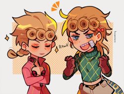 Rule 34 | 2boys, artist name, bandaid, bandaid on cheek, bandaid on face, blonde hair, borrowed hairstyle, braid, braided ponytail, closed eyes, commentary, crossed arms, diego brando, dinosaur tail, english commentary, giorno giovanna, green eyes, green sweater, highres, huyandere, jojo no kimyou na bouken, male focus, midriff, multiple boys, navel, open mouth, paw pose, scary monsters (stand), sharp teeth, signature, single braid, smile, sparkle, stand (jojo), steel ball run, sweater, tail, teeth, turtleneck, turtleneck sweater, v-shaped eyebrows, vento aureo