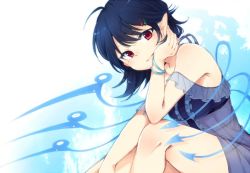 Rule 34 | 1girl, ahoge, alternate costume, asymmetrical wings, bare legs, bare shoulders, black hair, blush, center frills, closed mouth, dress, frills, hair ornament, hairpin, head rest, houjuu nue, looking at viewer, pointy ears, red eyes, short hair, simple background, smile, solo, tama (soon32281), touhou, wings