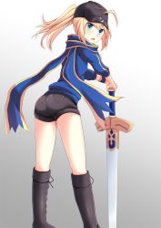 Rule 34 | 1girl, ahoge, artoria pendragon (fate), black footwear, black hat, black shorts, blonde hair, blue eyes, blue sweater, boots, cross (crossryou), excalibur (fate/stay night), fate/grand order, fate (series), from behind, gradient background, grey background, hair between eyes, hat, holding, holding sword, holding weapon, knee boots, long hair, mysterious heroine x (fate), open mouth, ponytail, short shorts, shorts, solo, standing, sweater, sword, visor cap, weapon