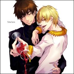 Rule 34 | 2boys, alcohol, blonde hair, bracelet, brown hair, cup, drinking glass, fate/zero, fate (series), gilgamesh (fate), jewelry, kotomine kirei, male focus, multiple boys, necklace, official alternate costume, red eyes, spill, wine, wine glass, zino