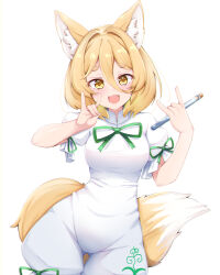 Rule 34 | 1girl, :3, animal ears, blonde hair, breasts, commentary request, corked bottle, cowboy shot, fox ears, fox girl, fox shadow puppet, fox tail, green ribbon, holding, holding test tube, kudamaki tsukasa, mandarin collar, open mouth, puffy short sleeves, puffy sleeves, ribbon, romper, rururiaru, short sleeves, simple background, small breasts, solo, tail, test tube, touhou, white background, white romper, yellow eyes, yellow tail
