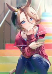Rule 34 | 1girl, animal ears, black hat, blue eyes, blush, brown hair, cellphone, closed mouth, denim, hair between eyes, hat, highres, holding, holding phone, horse ears, horse girl, horse tail, jacket, jeans, long sleeves, looking at viewer, mikazuki mika, narita taishin (umamusume), pants, parted bangs, phone, red jacket, shirt, short hair, sitting, sleeves past wrists, smartphone, solo, stairs, tail, torn clothes, torn jeans, torn pants, twitter username, umamusume, white shirt