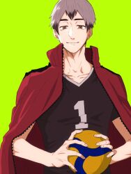 Rule 34 | 1boy, ball, black shirt, brown eyes, closed mouth, collarbone, green background, grey hair, haikyuu!!, highres, holding, holding ball, jacket, jacket on shoulders, jersey, kita shinsuke, light smile, male focus, multicolored hair, open clothes, open jacket, red jacket, shirt, simple background, solo, streaked hair, two-tone hair, upper body, volleyball (object), wavi savi