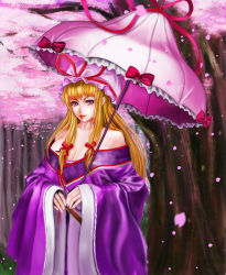 Rule 34 | 1girl, alternate costume, bare shoulders, blonde hair, breasts, cherry blossoms, hand fan, folding fan, hair ornament, hair ribbon, hat, highres, japanese clothes, lips, long hair, long sleeves, looking at viewer, mob cap, off shoulder, parasol, petals, purple eyes, ribbon, smile, solo, touhou, tree, umbrella, wide sleeves, yakumo yukari, ytoy