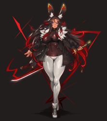 Rule 34 | 1girl, animal ear fluff, animal ears, blue eyes, breasts, brown hair, closed mouth, commentary, commission, covered collarbone, covered navel, dark-skinned female, dark skin, fingernails, fur trim, gradient hair, gurimjang, highres, holding, holding sword, holding weapon, jacket, katana, large breasts, lips, long hair, long sleeves, looking at viewer, multicolored hair, nail polish, open clothes, open jacket, original, pants, pixiv commission, rabbit ears, red hair, reverse grip, shadow, shiny clothes, shoes, simple background, skin tight, sneakers, solo, standing, sword, two-tone hair, weapon, white pants