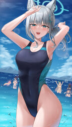 Rule 34 | 5girls, animal ear fluff, animal ears, ayane (blue archive), ayane (swimsuit) (blue archive), black one-piece swimsuit, blue archive, blue eyes, blue sky, breasts, cloud, competition swimsuit, covered navel, cross hair ornament, day, extra ears, grey hair, hair ornament, halo, highleg, highleg swimsuit, highres, hoshino (blue archive), hoshino (swimsuit) (blue archive), lazb., low ponytail, medium breasts, medium hair, mismatched pupils, multicolored clothes, multicolored swimsuit, multiple girls, nonomi (blue archive), nonomi (swimsuit) (blue archive), official alternate costume, one-piece swimsuit, outdoors, serika (blue archive), serika (swimsuit) (blue archive), shiroko (blue archive), shiroko (swimsuit) (blue archive), sky, swimsuit, wolf ears