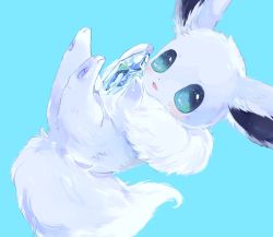Rule 34 | bad id, bad twitter id, blue background, blue eyes, blush, commentary request, creatures (company), eevee, fluffy, game freak, gen 1 pokemon, gen 4 pokemon, glaceon, hideko (l33l3b), highres, ice, looking at viewer, nintendo, no humans, parted lips, pokemon, pokemon (creature), simple background, smile, solo