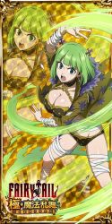 Rule 34 | 1girl, bandages, brandish mew, breasts, cleavage, coat, earrings, fairy tail, green eyes, green hair, jewelry, large breasts, navel, official art, open mouth, revealing clothes