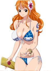 Rule 34 | bikini, breasts, brown eyes, curvy, flower, flower on head, holding, holding letter, large breasts, letter, long hair, nami (one piece), one piece, one piece film: gold, serious, shiny skin, side-tie bikini bottom, swimsuit, arm tattoo, third-party edit, thong bikini, very long hair, white background, wide hips