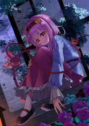 Rule 34 | 1girl, :3, absurdres, alternate hair length, alternate hairstyle, black footwear, blouse, blue shirt, blush, chinese commentary, closed mouth, commentary request, fingernails, flower, frilled skirt, frilled sleeves, frills, full body, hair ornament, hairband, heart, heart hair ornament, highres, komeiji satori, lantern, leaf, light smile, long hair, long sleeves, looking at viewer, mary janes, night, night sky, pink flower, pink hair, pink rose, pink skirt, plant, red eyes, red hairband, rose, shirt, shoes, sitting, skirt, sky, socks, star (sky), starry sky, third eye, touhou, white socks, window, wuzeiiezuw