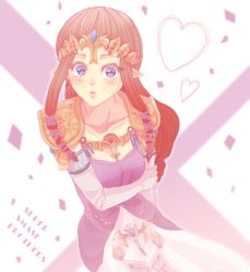 Rule 34 | 1girl, artist request, bad id, bad pixiv id, blue eyes, blush, brown hair, collarbone, dress, elbow gloves, gloves, hair ornament, heart, jewelry, looking at viewer, nintendo, open mouth, pointy ears, princess zelda, shoulder pads, solo, super smash bros., the legend of zelda, the legend of zelda: twilight princess, tiara, white gloves