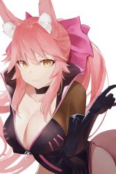 Rule 34 | 1girl, absurdres, animal ear fluff, animal ears, bad id, bad pixiv id, black bodysuit, blush, bodysuit, bow, breasts, center opening, choker, cleavage, commentary, fate/grand order, fate (series), fox ears, fox girl, fox tail, hair between eyes, hair bow, highres, huge filesize, koyanskaya (assassin) (first ascension) (fate), koyanskaya (fate), large breasts, long hair, looking at viewer, megu (pixiv9460065), pink bow, pink hair, ponytail, sidelocks, smile, solo, tail, tamamo (fate), thighs, yellow eyes