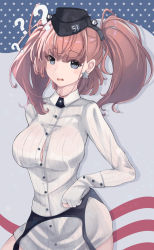 Rule 34 | 1girl, absurdres, atlanta (kancolle), blouse, breasts, brown hair, garrison cap, garter belt, gloves, grey eyes, hat, highres, himeyamato, kantai collection, large breasts, looking at viewer, open mouth, shirt, two side up, white shirt
