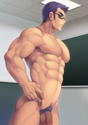 Rule 34 | 1boy, abs, absurdres, bara, closed mouth, covered erect nipples, flaccid, glasses, highres, large pectorals, looking at viewer, male focus, male pubic hair, muscular, muscular male, navel, nipples, nude, original, p3ta (yio), pectorals, penis, pubic hair, purple eyes, short hair, sideburns, solo, uncensored