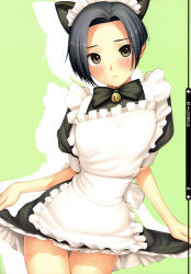 Rule 34 | 1girl, absurdres, animal ears, apron, black hair, blush, brown eyes, cat ears, clothes lift, green background, highres, kobayakawa rinko, lips, looking at viewer, love plus, maid, maid apron, maid headdress, parted bangs, puffy sleeves, scan, short hair, simple background, skirt, skirt lift, solo, tanaka shoutarou, thigh gap