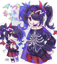 Rule 34 | 1girl, :&lt;, :p, ame-chan (needy girl overdose), black choker, black eyes, black hair, black shirt, blush stickers, choker, commentary request, cropped legs, demon horns, demon wings, detached sleeves, earrings, hair ornament, hair over one eye, hand on own hip, highres, holding, holding phone, horns, jewelry, long hair, looking at viewer, multiple views, needy girl overdose, official alternate costume, phone, plaid, plaid skirt, pleated skirt, print shirt, red horns, red skirt, red wings, shirt, skeleton print, skirt, standing, sushiuma m, t-shirt, tongue, tongue out, translation request, twintails, wings, x hair ornament
