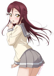 Rule 34 | 1girl, :o, artist name, artist request, blush, bow, breasts, brown hair, collarbone, collared shirt, female focus, from behind, grey skirt, hair ornament, hairclip, highres, isshi pyuma, long hair, looking at viewer, looking back, love live!, love live! sunshine!!, miniskirt, otonokizaka school uniform, parted lips, pleated skirt, red bow, red hair, red neckwear, sakurauchi riko, school uniform, shirt, skirt, smile, solo, white background, white shirt, yellow eyes