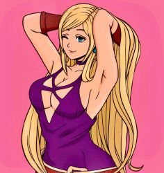 Rule 34 | 1girl, armpits, arms behind head, blonde hair, blue eyes, breasts, cleavage, dress, fatal fury, garou: mark of the wolves, jenet behrn, large breasts, long hair, one eye closed, purple dress, rocckart, smile, snk, solo, the king of fighters, the king of fighters xv, wink