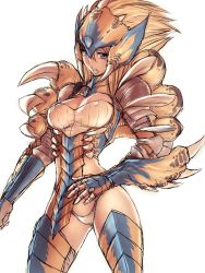 Rule 34 | 1girl, armor, blonde hair, capcom, claws, fang, fumio (rsqkr), hand on own hip, hip focus, monster hunter (series), open mouth, panties, scales, solo, thighhighs, tigrex (armor), underwear