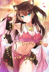 Rule 34 | 1girl, :3, absurdres, animal ears, arm up, armpits, backlighting, belly dancer, blush, breasts, brown hair, cat ears, cat girl, cat tail, circlet, cleavage, closed mouth, commentary request, cowboy shot, crop top, dancer, detached sleeves, fumino tamaki, goroo (eneosu), green eyes, harem outfit, highleg, highres, jewelry, large breasts, leaning forward, lens flare, long hair, long sleeves, looking at viewer, midriff, miniskirt, navel, necklace, nijisanji, official alternate costume, one side up, paw pose, pelvic curtain, petals, revealing clothes, see-through, skirt, smile, solo, stomach, tail, thighs, virtual youtuber