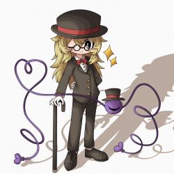 Rule 34 | adapted costume, alternate costume, arm behind back, black-framed eyewear, black coat, black eyes, black footwear, black hat, black pants, black suit, blush, blush stickers, bright pupils, buttoned cuffs, buttons, cane, coat, formal, glasses, gloves, green hair, hair between eyes, hat, highres, holding, holding cane, komeiji koishi, long hair, long sleeves, looking at viewer, necktie, one eye closed, pants, red necktie, shadow, shirt, shoes, simple background, sleeves past wrists, smile, socks, suit, third eye, touhou, white background, white gloves, white pupils, white shirt, white socks, zunusama