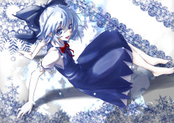 Rule 34 | 1girl, arm support, barefoot, blue eyes, blue hair, bow, cirno, dress, female focus, gradient background, hair bow, kuronuko neero, matching hair/eyes, perfect cherry blossom, short hair, sitting, snow, snowflakes, solo, touhou, white background