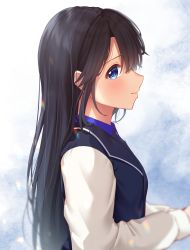 Rule 34 | 1girl, absurdres, black hair, black vest, blush, closed mouth, hair between eyes, highres, idolmaster, idolmaster shiny colors, long hair, long sleeves, looking at viewer, looking to the side, mitsumine yuika, profile, shinaritu, solo, straight hair, upper body, very long hair, vest, white sleeves