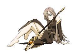 Rule 34 | 00s, 1girl, aqua eyes, arm support, barefoot, brown hair, detached sleeves, dress, female focus, full body, gloves, long hair, simple background, sitting, sleeveless, sleeveless dress, solo, staff, tales of (series), tales of the abyss, tear grants, white background, white gloves