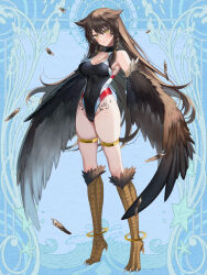 Rule 34 | 1girl, anklet, aura venefika, bird legs, black one-piece swimsuit, blush, braid, breasts, brown hair, brown wings, cleavage, cleavage cutout, clothing cutout, dairoku ryouhei, feathered wings, feathers, full body, harpy, highres, jewelry, large breasts, long hair, long legs, monster girl, one-piece swimsuit, solo, swimsuit, tama (marble), tattoo, thighlet, twin braids, winged arms, wings, yellow eyes