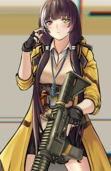 Rule 34 | 1girl, 3 small spiders, black gloves, black skirt, blush, breasts, brown hair, brown vest, closed mouth, colt 9mm smg, feet out of frame, fingerless gloves, girls&#039; frontline, gloves, gun, hair ornament, hairclip, hand up, headphones, heterochromia, highres, holding, holding gun, holding weapon, jacket, long hair, looking at viewer, multicolored hair, open clothes, open jacket, red eyes, ro635 (girls&#039; frontline), shirt, simple background, skirt, solo, standing, submachine gun, vest, weapon, white shirt, yellow eyes, yellow jacket