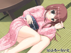 Rule 34 | 1girl, artist request, barefoot, black eyes, blush, brown hair, character request, copyright request, feet, japanese clothes, long hair, looking at viewer, lying, on floor, on side, smile, solo, table, tatami, text focus, wooden table