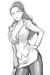 Rule 34 | 10s, 1girl, black hair, breasts, cleavage, earrings, executive mishiro, formal, greyscale, hair slicked back, hand on own hip, idolmaster, idolmaster cinderella girls, jewelry, large breasts, long hair, monochrome, pantyhose, pencil skirt, ponytail, serious, sketch, skirt, skirt suit, solo, suit, ueyama michirou