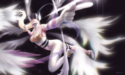 Rule 34 | 1girl, absurdres, angel wings, angewomon, anklet, armpits, ass, asymmetrical clothes, asymmetrical footwear, asymmetrical gloves, bare shoulders, beleven, belt, black background, blonde hair, bodysuit, bow (weapon), breasts, cleavage, closed mouth, clothing cutout, collarbone, commentary, covered eyes, digimoji, digimon, digimon (creature), elbow gloves, fingerless gloves, floating, floating hair, full body, gloves, groin, hagoromo, helmet, high heels, highres, holy ring, jewelry, large breasts, long hair, mismatched footwear, multiple wings, navel, navel cutout, o-ring, o-ring belt, partially fingerless gloves, shawl, sidelocks, simple background, single elbow glove, single fingerless glove, skindentation, solo, thigh strap, twitter username, uneven gloves, weapon, white bodysuit, white footwear, white gloves, winged helmet, wings