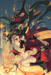 Rule 34 | 1girl, black hair, borrowed character, candle, english text, fang, gloves, halloween, happy birthday, hat, judy jong, long hair, original, red eyes, smile, solo, witch, witch hat