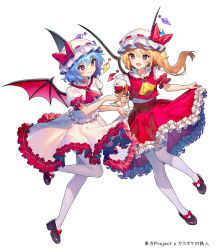 Rule 34 | 2girls, ainy, alcohol, ascot, bat wings, black footwear, blonde hair, bow, brooch, cup, drinking glass, fang, flandre scarlet, footwear bow, frilled shirt collar, frilled skirt, frills, full body, hat, hat bow, heart, holding, holding cup, jewelry, mob cap, multiple girls, one side up, open mouth, pantyhose, puffy short sleeves, puffy sleeves, red ascot, red eyes, red skirt, red vest, remilia scarlet, shirt, shoes, short sleeves, simple background, skirt, skirt hold, skirt set, touhou, vest, white background, white legwear, white shirt, white skirt, wine, wine glass, wings, yellow ascot