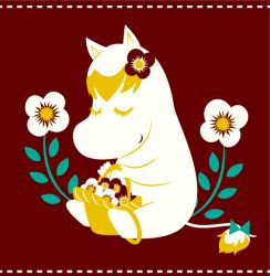Rule 34 | anklet, basket, blue bow, bow, closed eyes, flower, flower basket, full body, hair flower, hair ornament, jewelry, limited palette, long eyelashes, moomin, moomintroll, no humans, nonana (mikudrop), red background, red flower, sitting, smile, solo, tail, tail bow, tail ornament