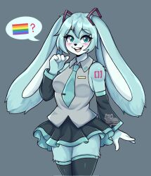 Rule 34 | 1girl, :d, ?, animal ears, artist name, artkett1412, black skirt, black thighhighs, blush, collared shirt, cowboy shot, detached sleeves, furrification, furry, furry female, green eyes, green necktie, grey shirt, hair between eyes, hair ribbon, hatsune miku, long sleeves, necktie, open mouth, rabbit ears, rabbit girl, rainbow flag, ribbon, shirt, shoulder tattoo, skirt, smile, speech bubble, spoken flag, spoken symbol, tattoo, teeth, thighhighs, upper teeth only, vocaloid, zettai ryouiki